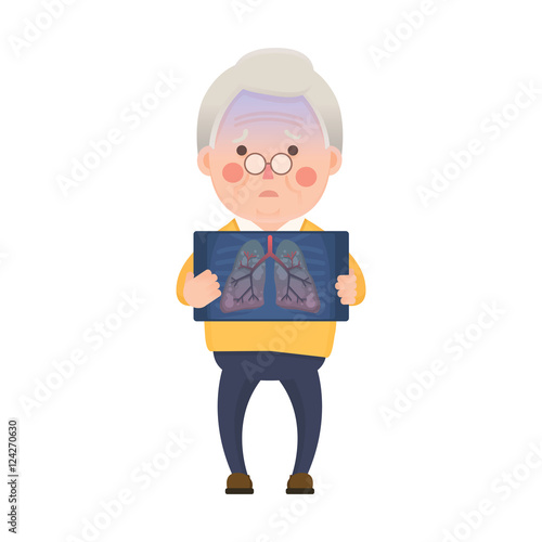 Vector Illustration of Old Man Holding X-ray Image Showing Lung Pulmonary Emphysema Problem, Cartoon Character

