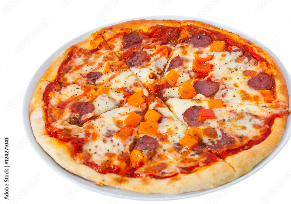 mexican pizza with mushrooms, salami, vegetables. isolated on white. top view mexican pizza with mushrooms, salami, vegetables. isolated on white. top view