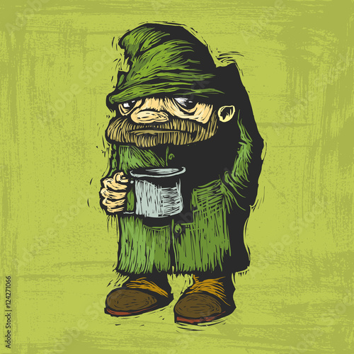 homeless in dirty clothes with mug in hand begging. Vector cartoon