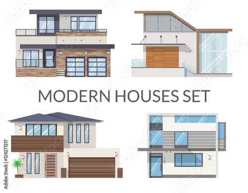 Modern houses set, real estate signs in flat style. Vector illustration
