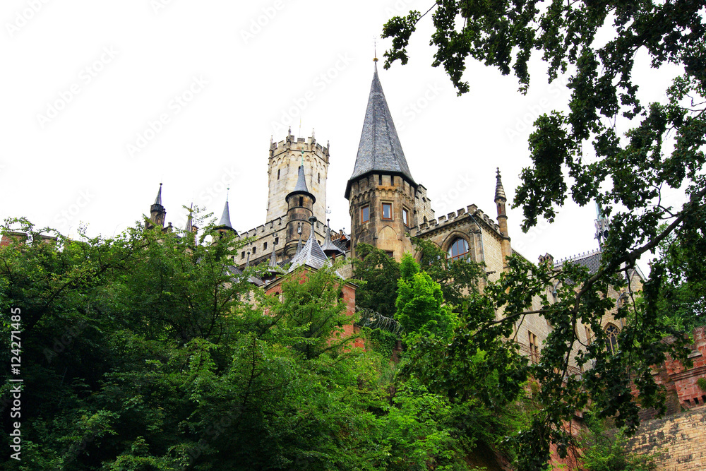 View of the towers German castle Marienburg  from the forest