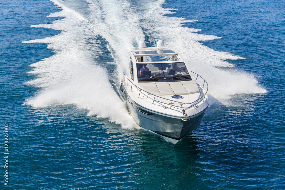luxury motor boat, rio yachts italian shipyard, aerial view