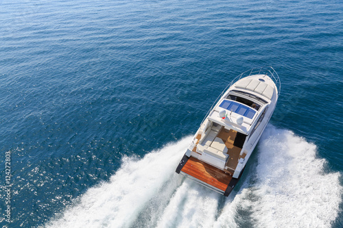 Obraz na płótnie luxury motor boat, rio yachts italian shipyard, aerial view w salonie
