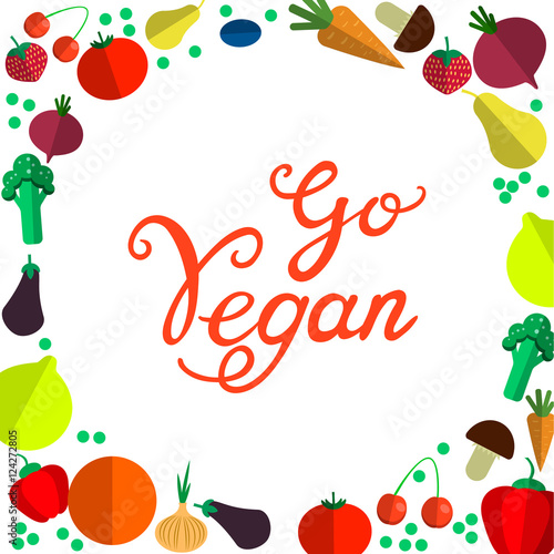 Go vegan. Fresh healthy organic vegan food vector hand drawn illustration.