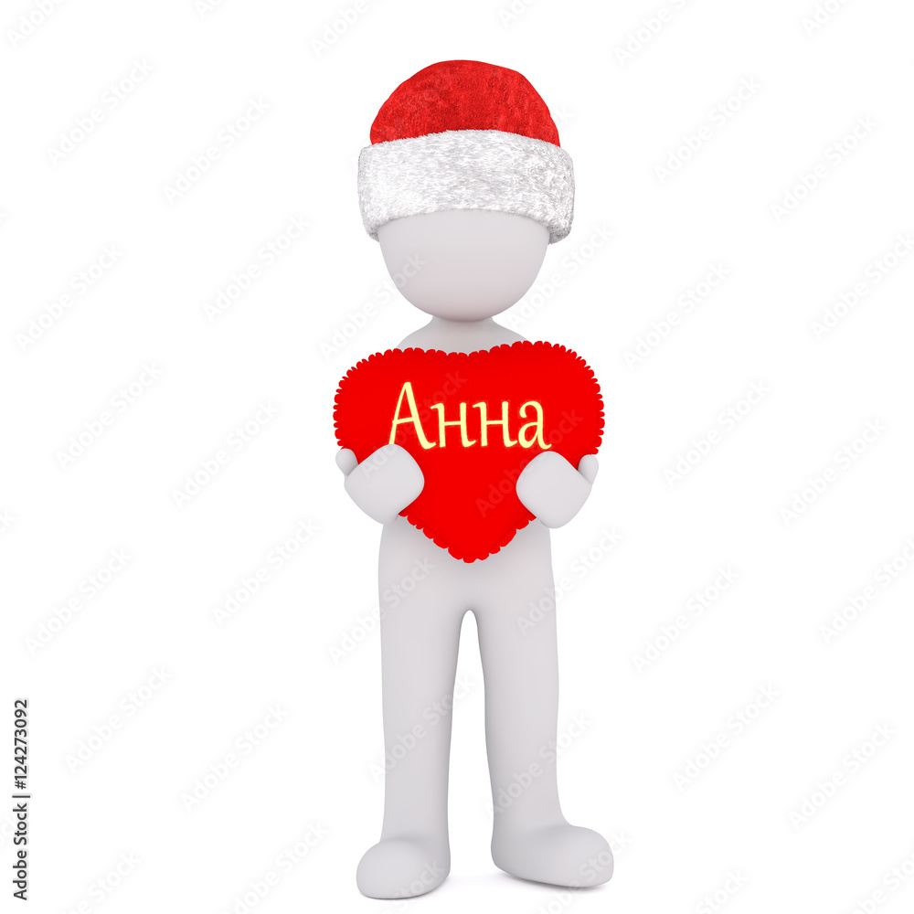 Single 3D figure in red hat holding heart badge Single 3D figure in red hat holding heart badge