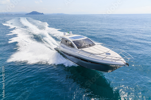 Fotografie, Obraz luxury motor boat, rio yachts italian shipyard, aerial view