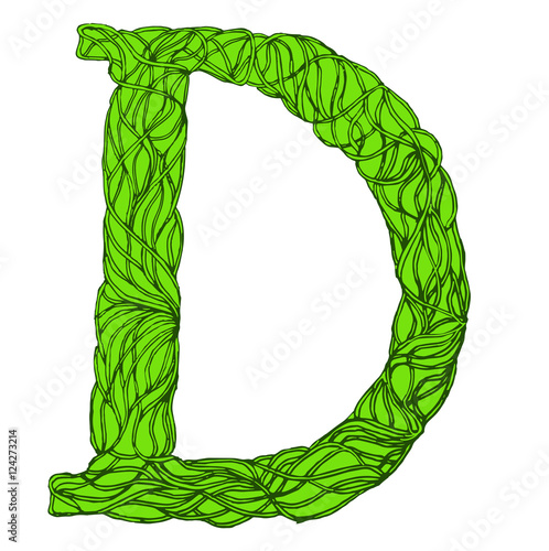 Herbarium font, type. Herbal vector letters. Letter D . Green herbal letter.