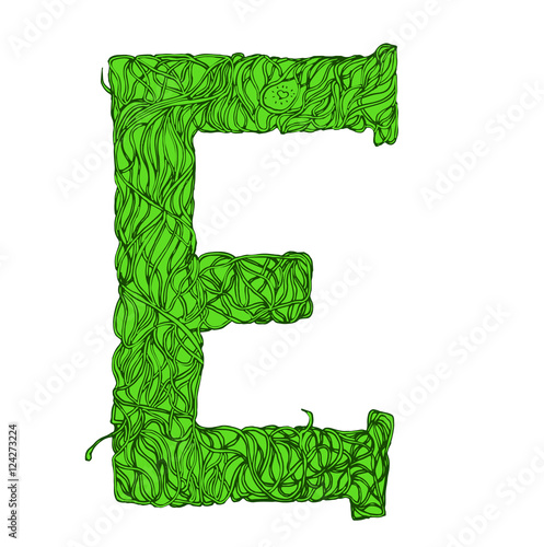 Herbarium font, type. Green herbal vector letters. Letter E. 