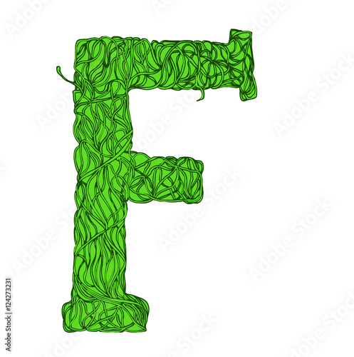 Herbarium font, type. Green herbal vector letters. Letter F. 