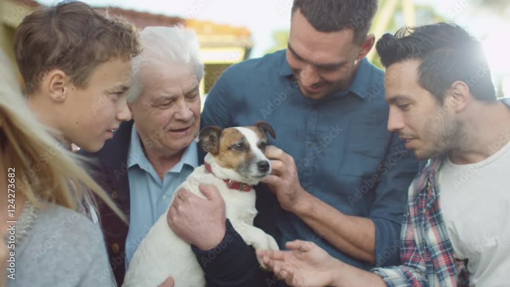 Members of a Large Family Play with Their Dog. Members of a Large Family Play with Their Dog.