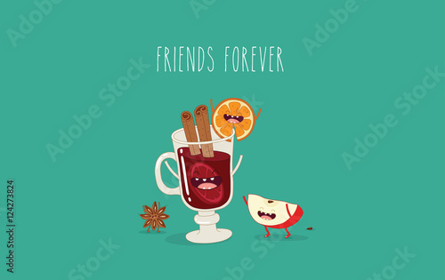 Funny mulled wine and piece of apple. Vector illustration.