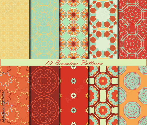Set of ten seamless patterns with mandalas in beautiful colors. Vector background