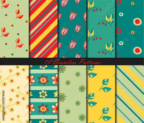 Set of ten seamless patterns with flowers and leaves in doodle style. Vector background