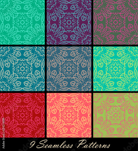 Set of nine vintage seamless patterns with mandalas in beautiful colors. Vector background