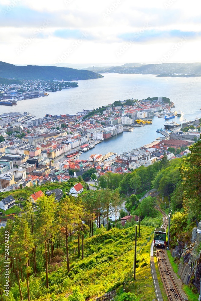Bergen view from Floyen, cable car tracks.