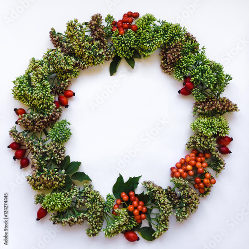 Green floral round wreath frame on white background. Flat lay, top view, view from above. Autumn or winter decoration