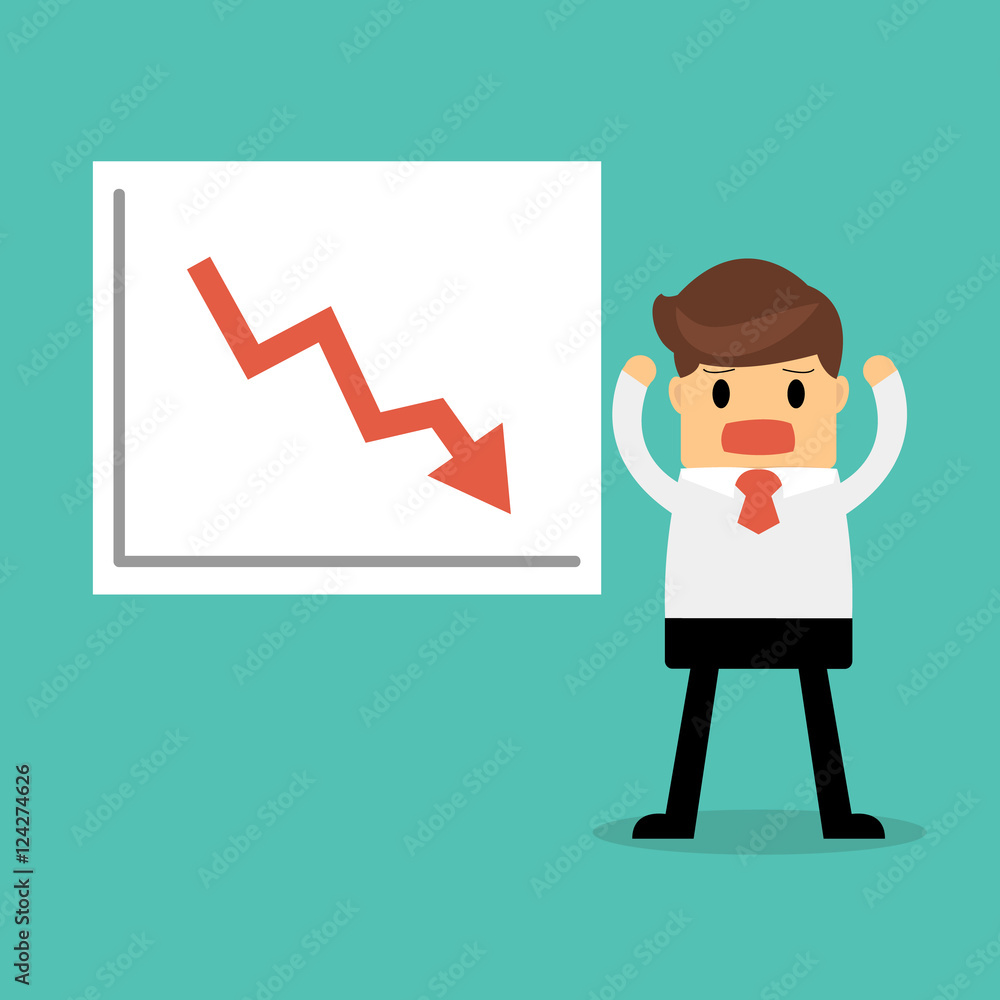 businessman with presenting a falling chart. businessman with presenting a falling chart.