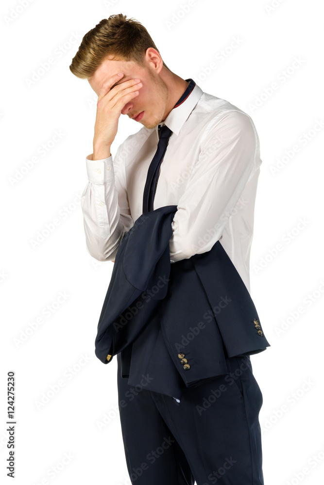 Thoughtful young businessman isolated on white background