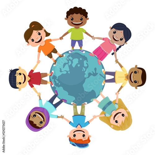 Smiling children holding hands around the world. Children's Day concept.