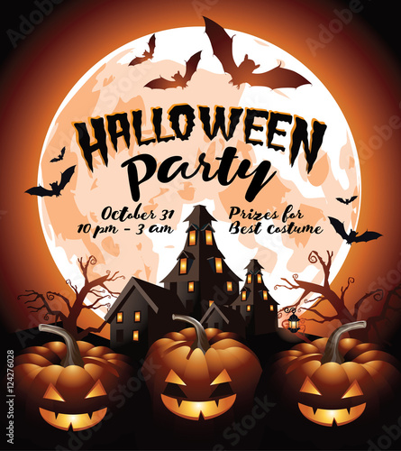 Halloween party invitation design with pumpkins, creepy trees, a full moon and haunted house. EPS 10 vector.