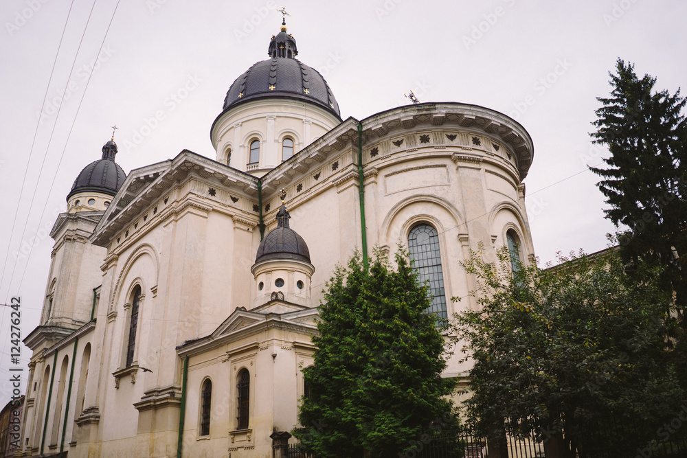 Cityscape with catholic church in Lviv, Ukraine