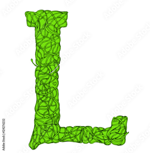Herbarium font, type. Green herbal vector letters. Letter L.