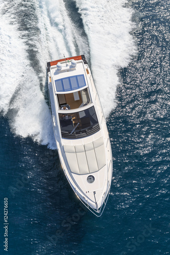 luxury motor boat, rio yachts italian shipyard, aerial view © Andrea
