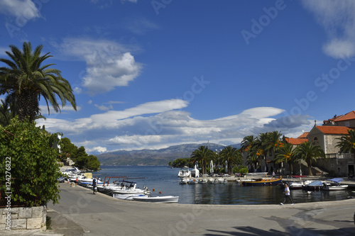 Harbor in the little village Splitska on Brac Island in Croatia, with some small boats and a palm to the left,view out over the sea.