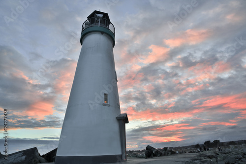 Sunset over Breakwater (Walton) Lighthouse, Santa Cruz, California, USA