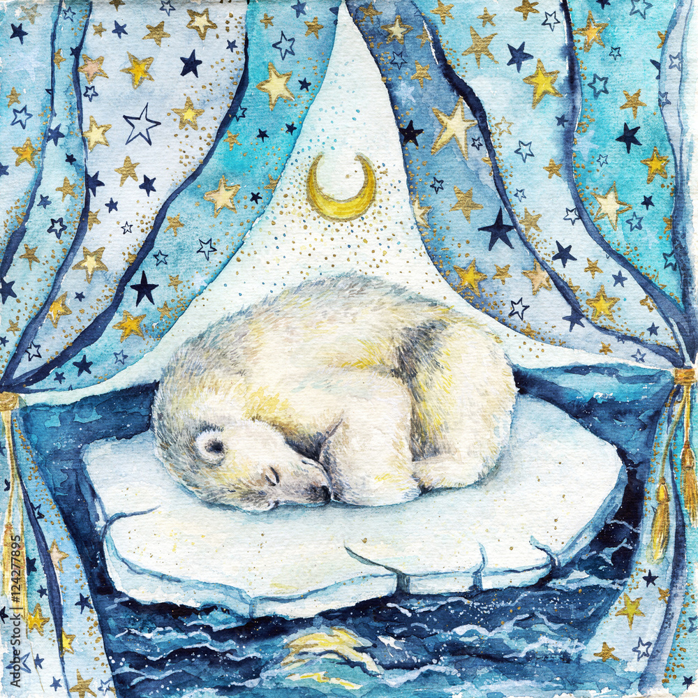Plakat Akwareli dzieci ilustracyjni z sypialnym białym niedźwiedziem na górze lodowa. Pocztówka lub plakat