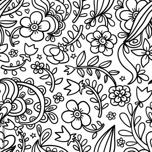 Decorative graphic curly floral seamless pattern, monochrome end