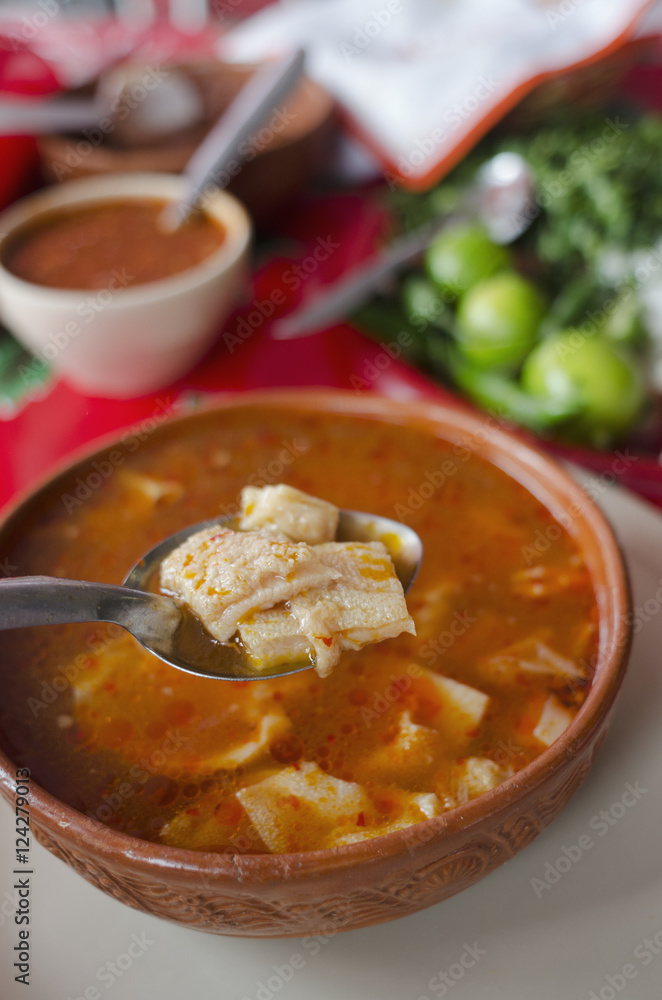 Mexican dish called menudo with cow stomach (tripe);Aguascalientes aguascalientes mexico Mexican dish called menudo with cow stomach (tripe);Aguascalientes aguascalientes mexico