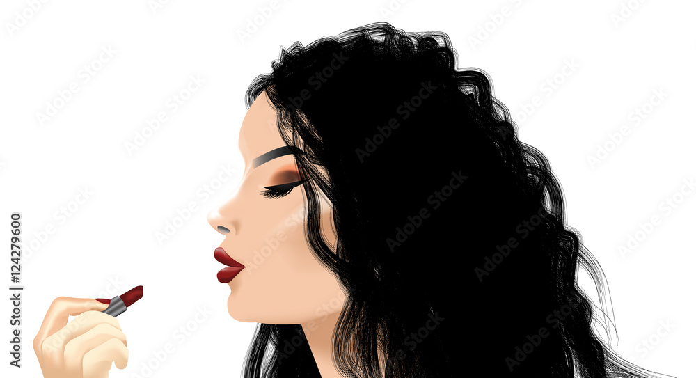 Obraz premium Illustration of a female applying red lipstick