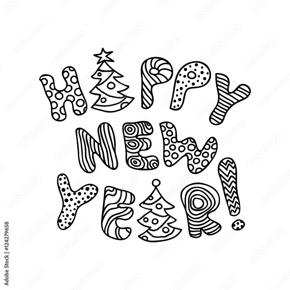 Happy New Year - Black And White Cartoon Banner For Coloring Stock ...
