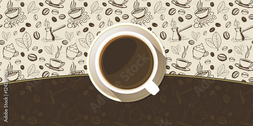 Coffee cup on a saucer top view background. White mug full of coffee on sketchy hand drawn backdrop. Vector eps10 illustration.