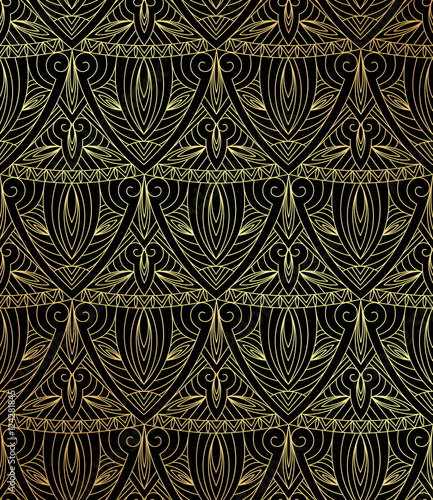 golden tribal magic geometric seamless pattern on black background, vector