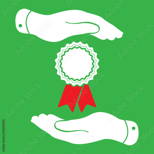 two hands protecting badge with red ribbons icon - vector illust