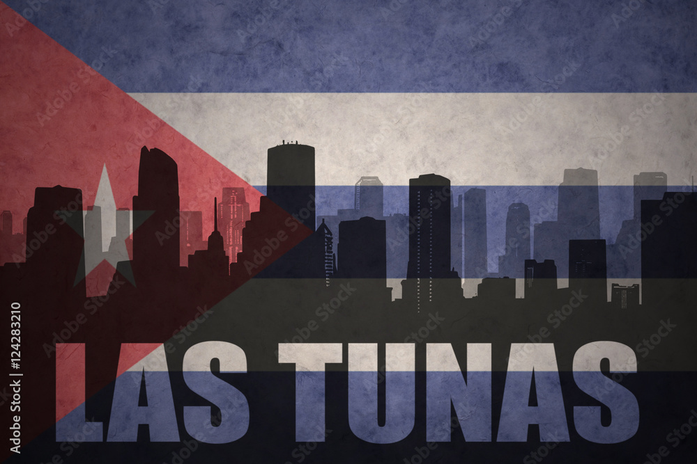 abstract silhouette of the city with text Las Tunas at the vintage cuban flag