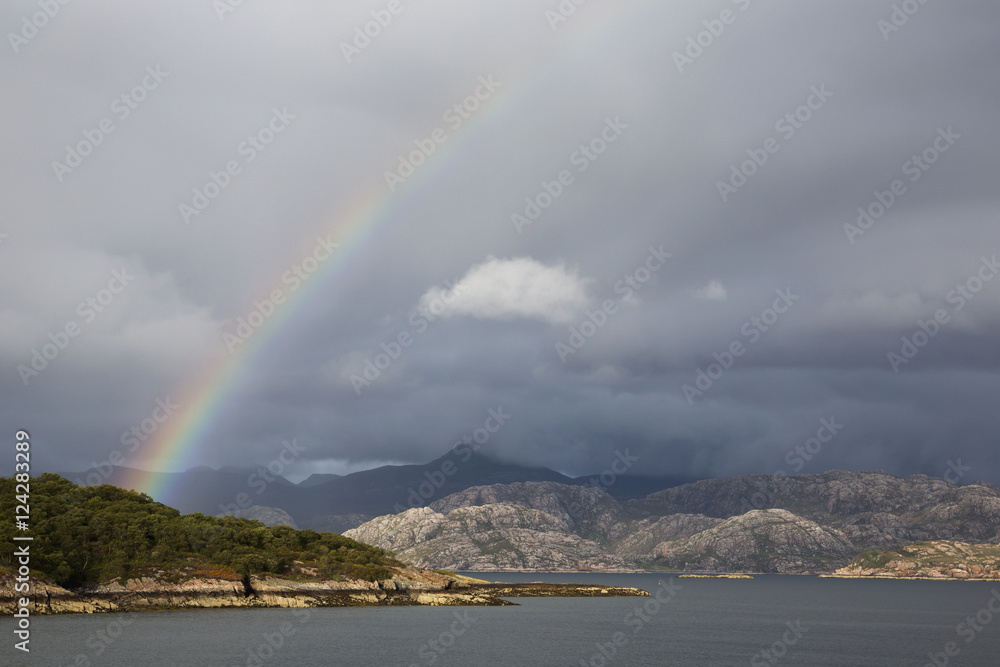 A rainbow in the cloudy sky over the water;Kenmore highlands scotland A rainbow in the cloudy sky over the water;Kenmore highlands scotland