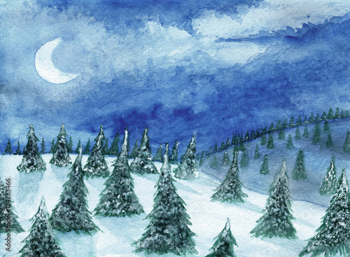 Cristmas landscape. Fir trees on the hills in watercolor