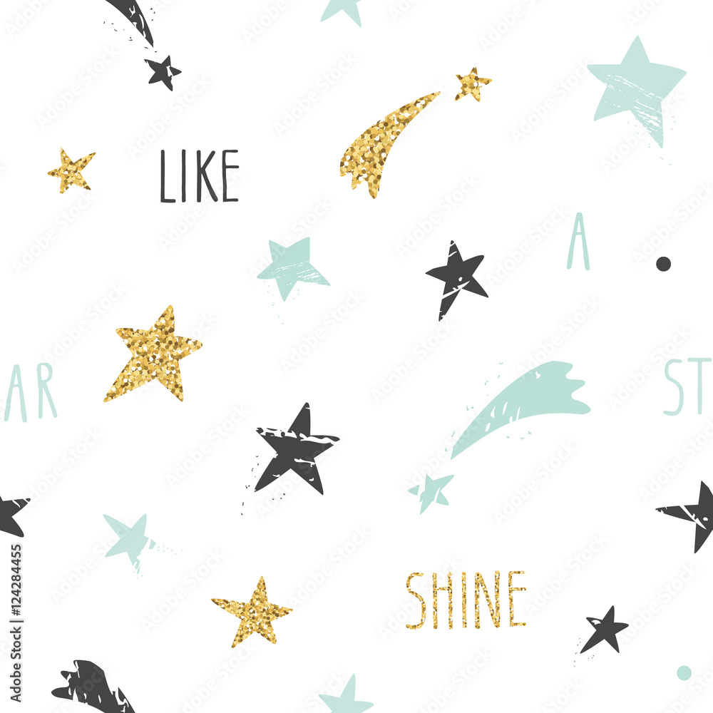 Cute funny seamless pattern background with hand drawn stars and inspirational handwritten quote Shine Like A Star. Glitter, pastel blue and black sparkles isolated on white.