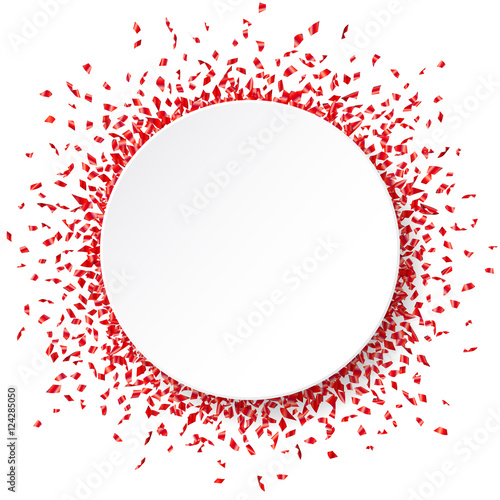 White round paper banner on shiny red confetti background. Vector illustration.