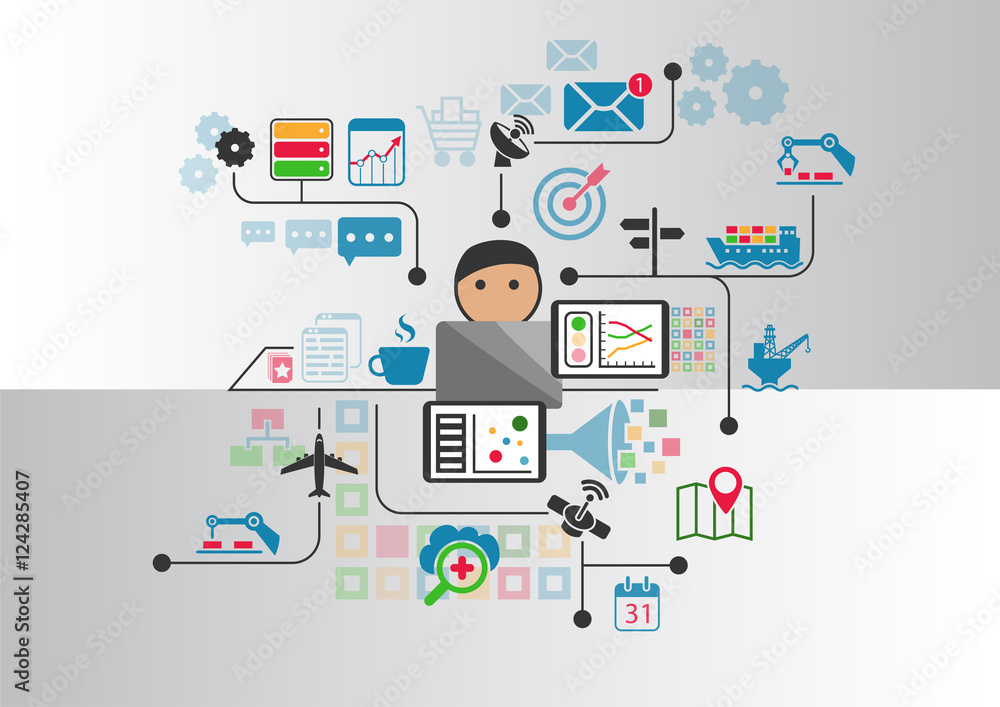 Industrial internet or industry 4.0 vector background with person controlling connected objects from notebook Industrial internet or industry 4.0 vector background with person controlling connected objects from notebook