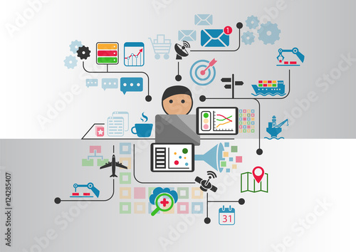 Industrial internet or industry 4.0 vector background with person controlling connected objects from notebook
