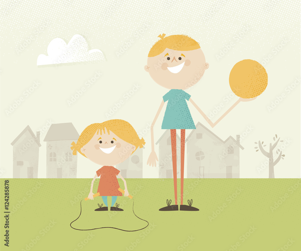 Illustration of two children in a park with a ball and skipping rope Illustration of two children in a park with a ball and skipping rope