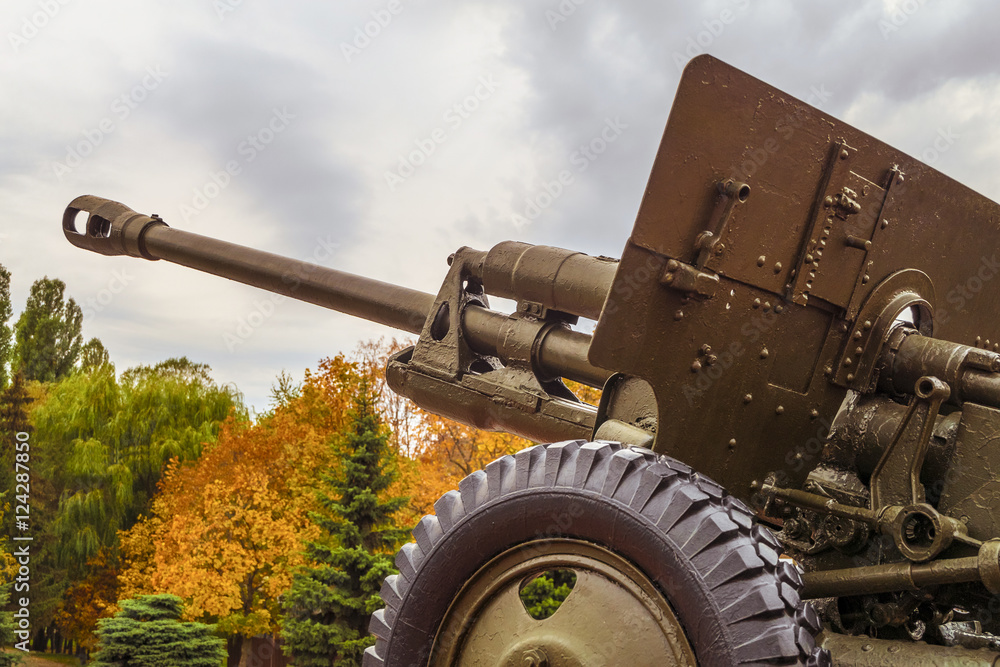 Vintage artillery barrel cannon. Military heavy artillery. Photo with