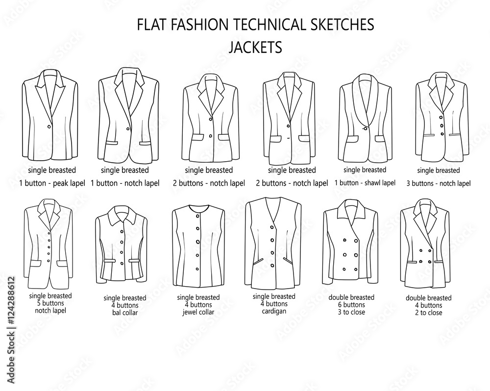 Flat fashion sketch template Man suit jackets library Technical and