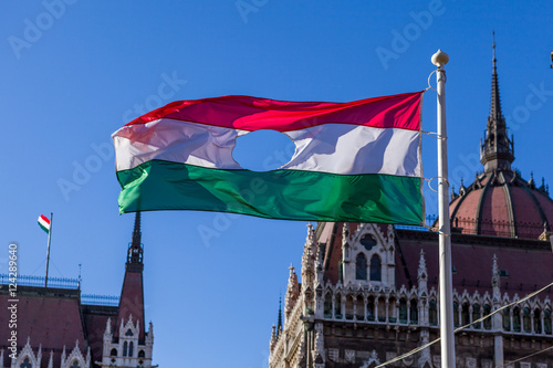 Photography Hungarian Revolution of 1956's flag before Hungarian Parliament
