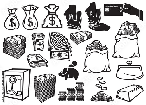 money icons set (finance or banking symbols, bag with coins, safe, bullion, banknotes roll, credit card, old purse)