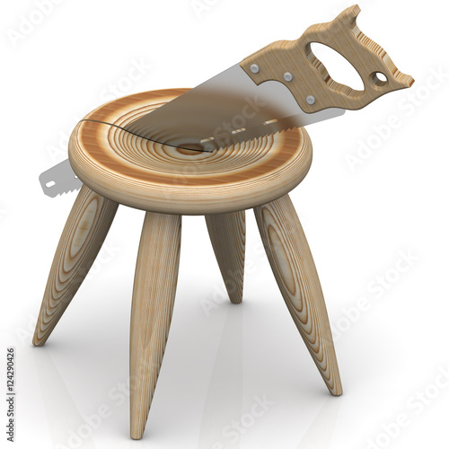 Division of Property. Wooden stool is cut with a hacksaw. The concept of the division of property. Isolated. 3D Illustration photo